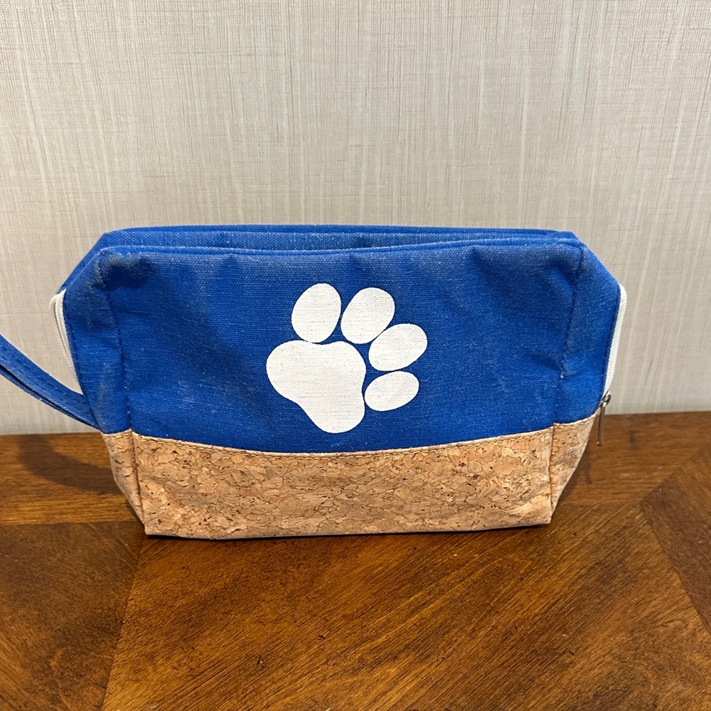 Blue and Tan Cosmetic Bag with Paw Print